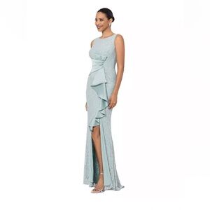 Betsy & Adam Pale Aqua Lace Column Gown with Front Ruffle